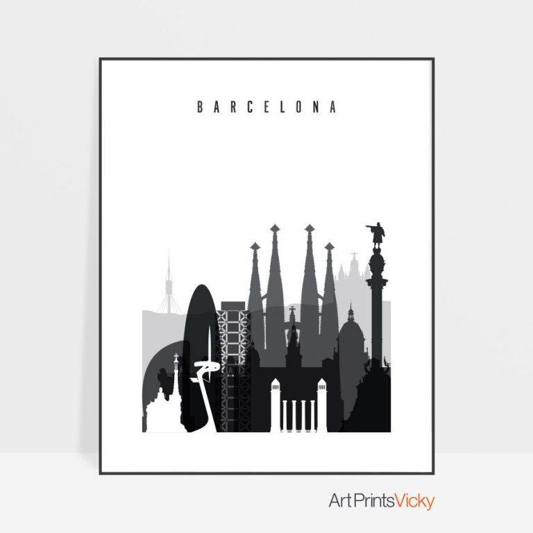 Black And White Print Of Barcelona Skyline, Barcelona Black And White ...