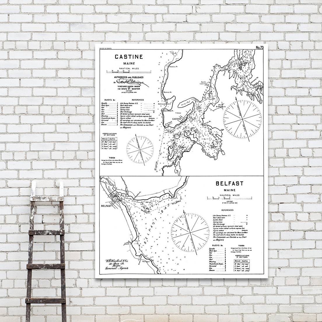 Antique Print Of Harbor Charts Of Castine And Belfast, Maine Poster